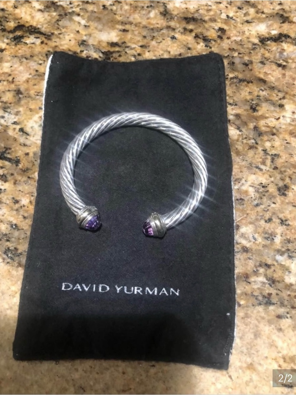 David Yurman Silver Cable Cuff with Purple Stone Terminals - Size 7MM - Medium - Picture 2 of 5